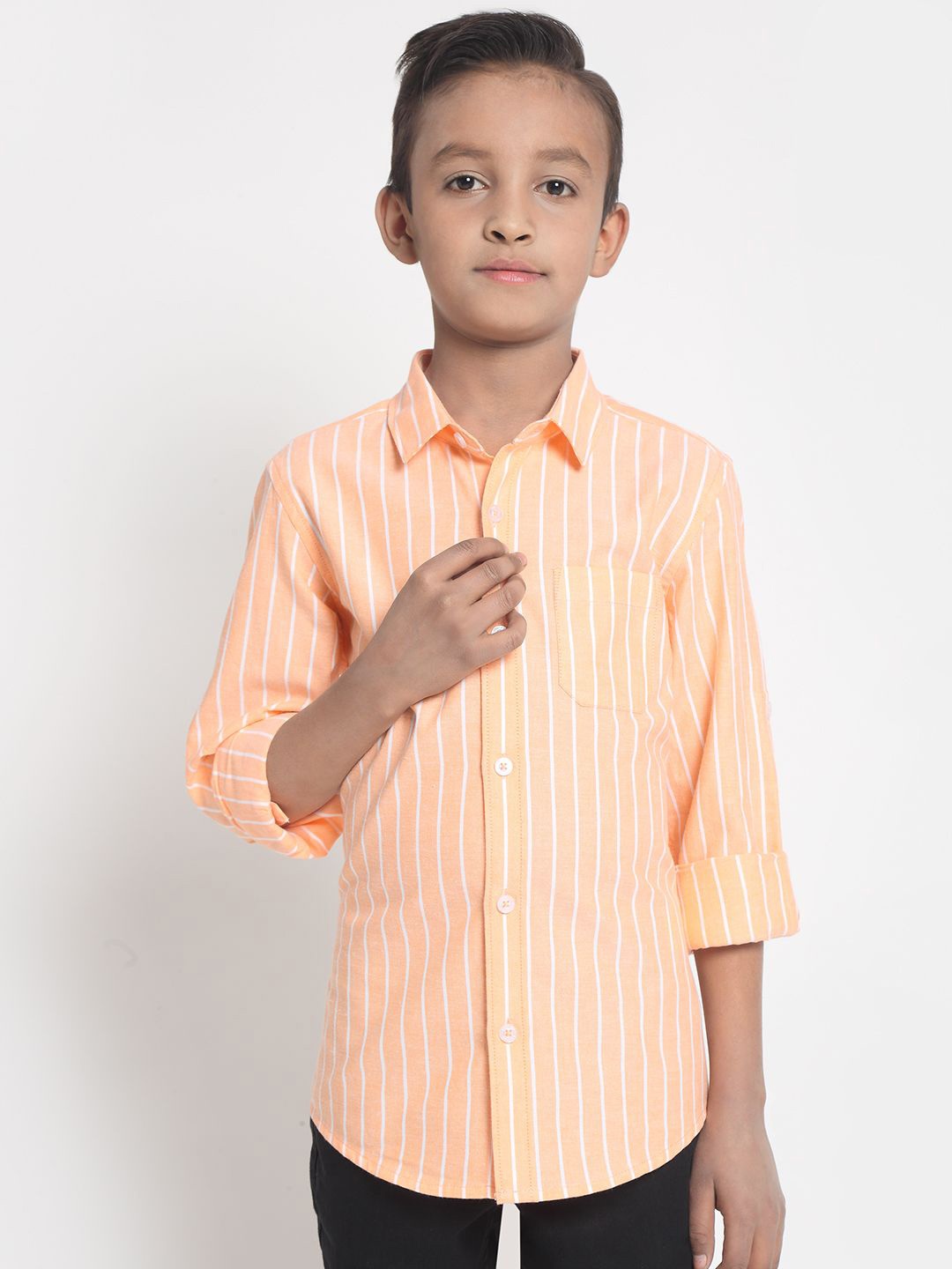 

Cantabil Boys Spread Collar Vertical Striped Cotton Casual Shirt, Orange
