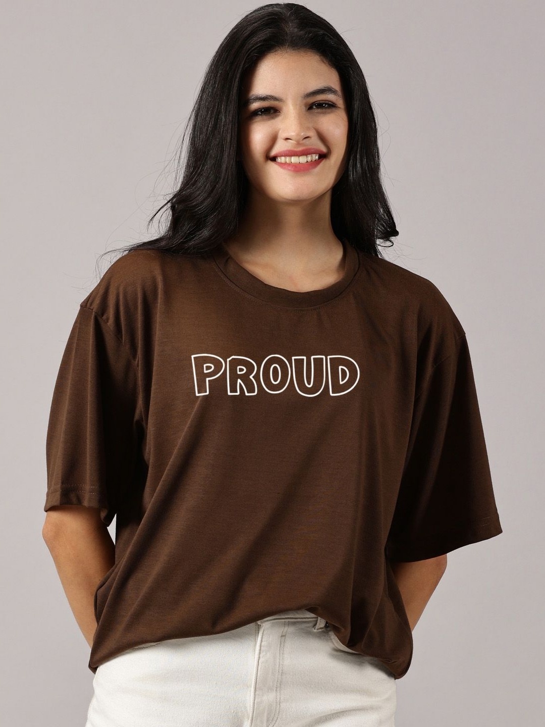 

Rodzen Women Printed Drop-Shoulder Sleeves Applique T-shirt, Brown