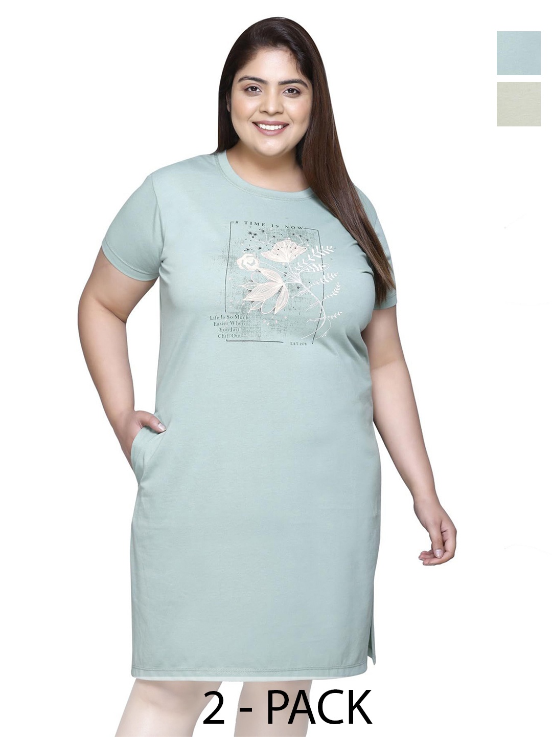 

IN Love Pack of 2 Women Pack Of 2 Plus Size Printed Cotton T-shirt Nightdress, Blue