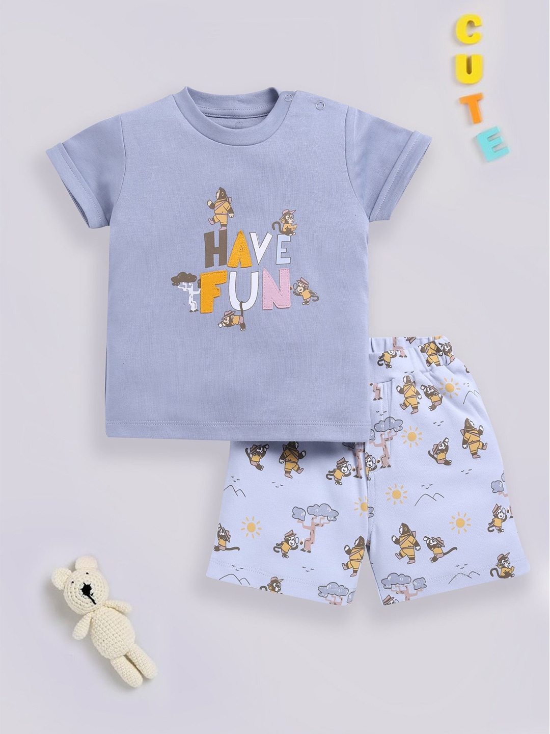 

BABY GO Boys Printed Round Neck T-Shirt With Shorts, Blue