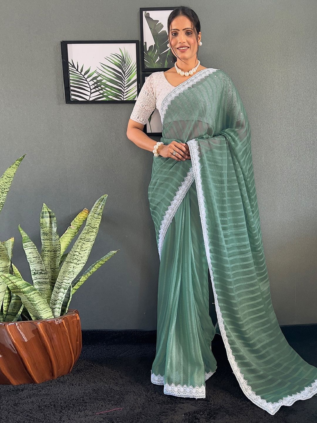 

Mitera Striped Embroidered Pure Chiffon Saree, Green