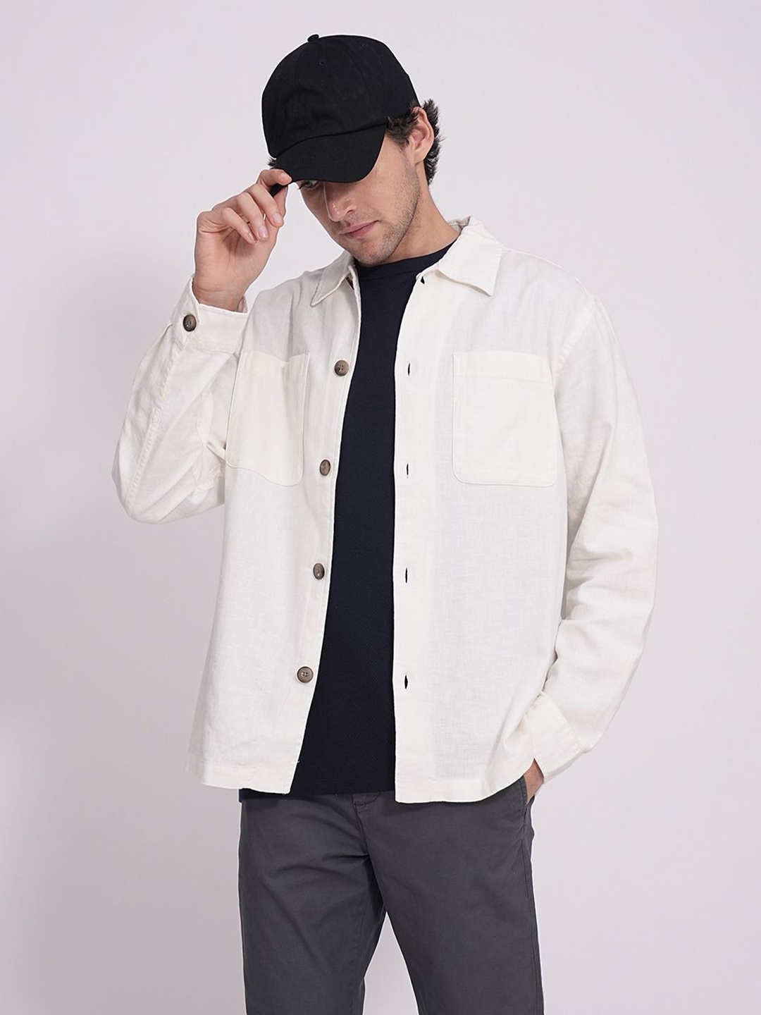 

SELECTED Men Relaxed Fit Spread Collar Solid Cotton Casual Shirt, Off white