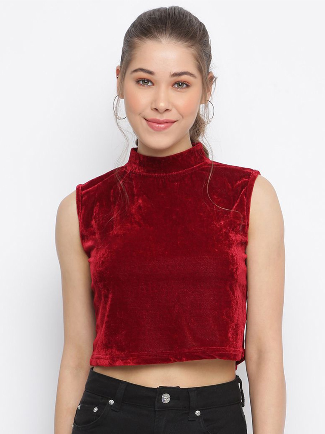 

DressBerry Women Solid High Neck Top, Maroon