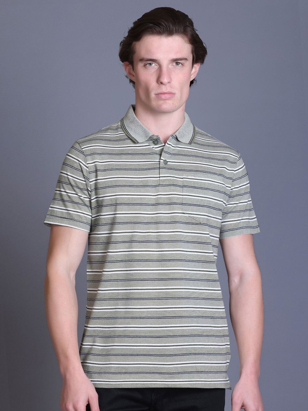 

GODFREY Men Striped Polo Collar Cotton T-shirt, Olive