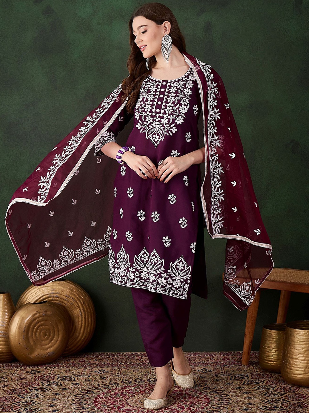 

HERE&NOW Purple Floral Embroidered Straight Kurta With Trousers & Dupatta