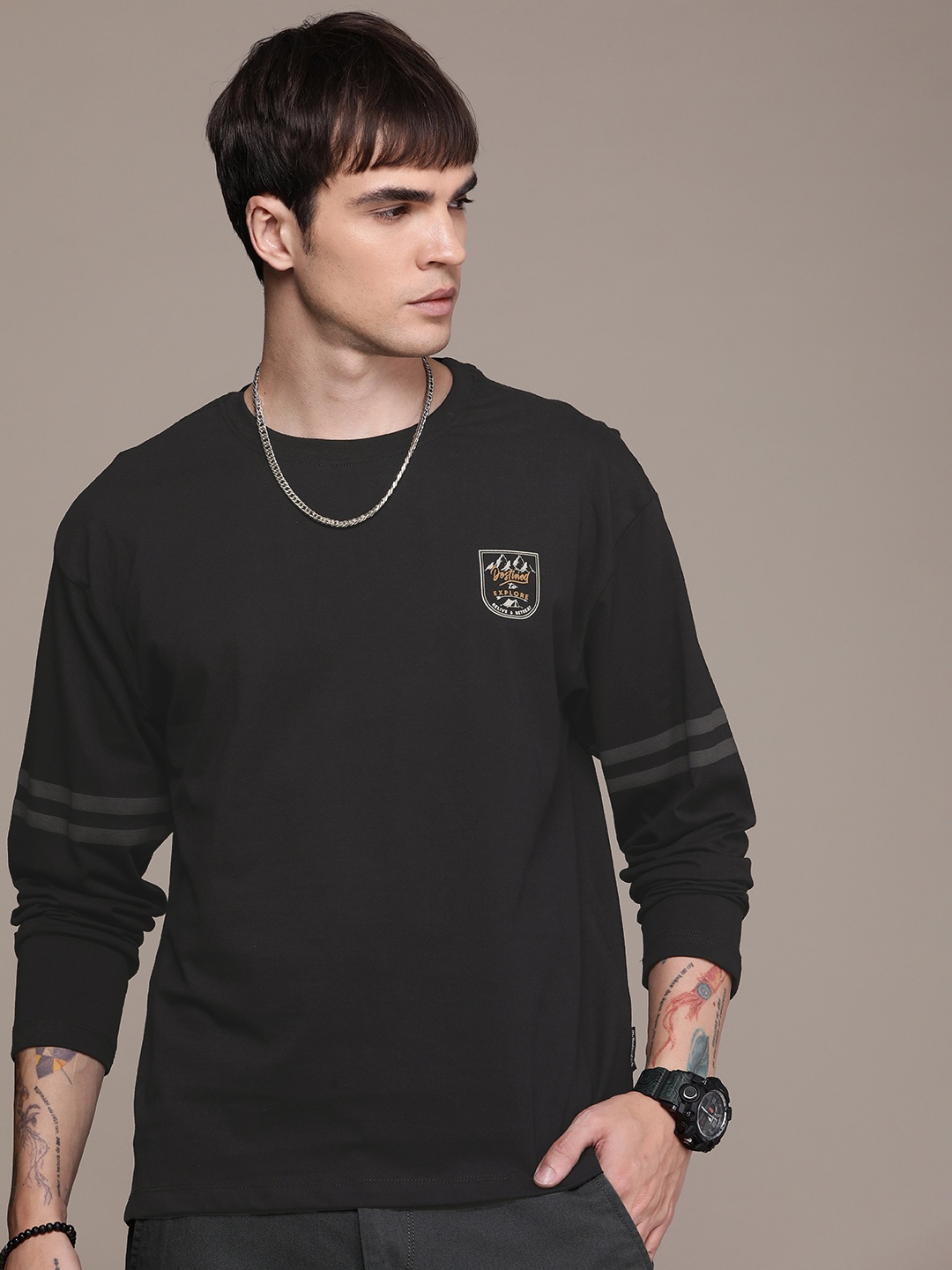 

The Roadster Life Co. Relaxed Fit Drop-Shoulder Sleeves Pure Cotton T-shirt, Black
