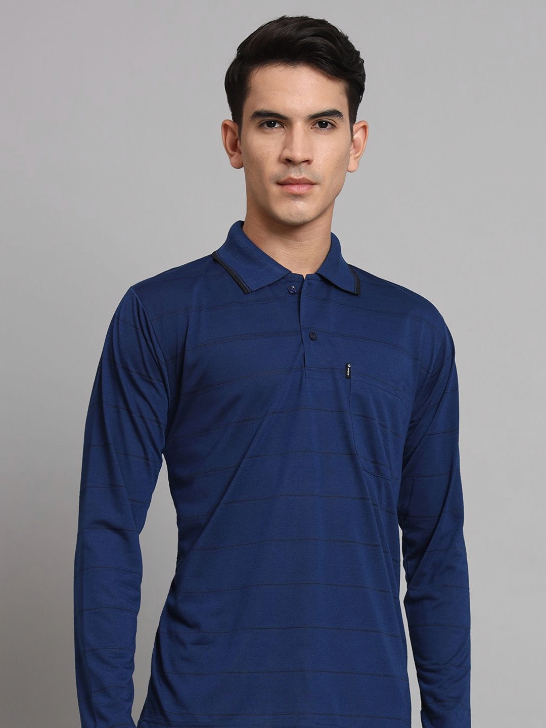 

RENUOVO Men Striped Polo Collar T-shirt, Blue