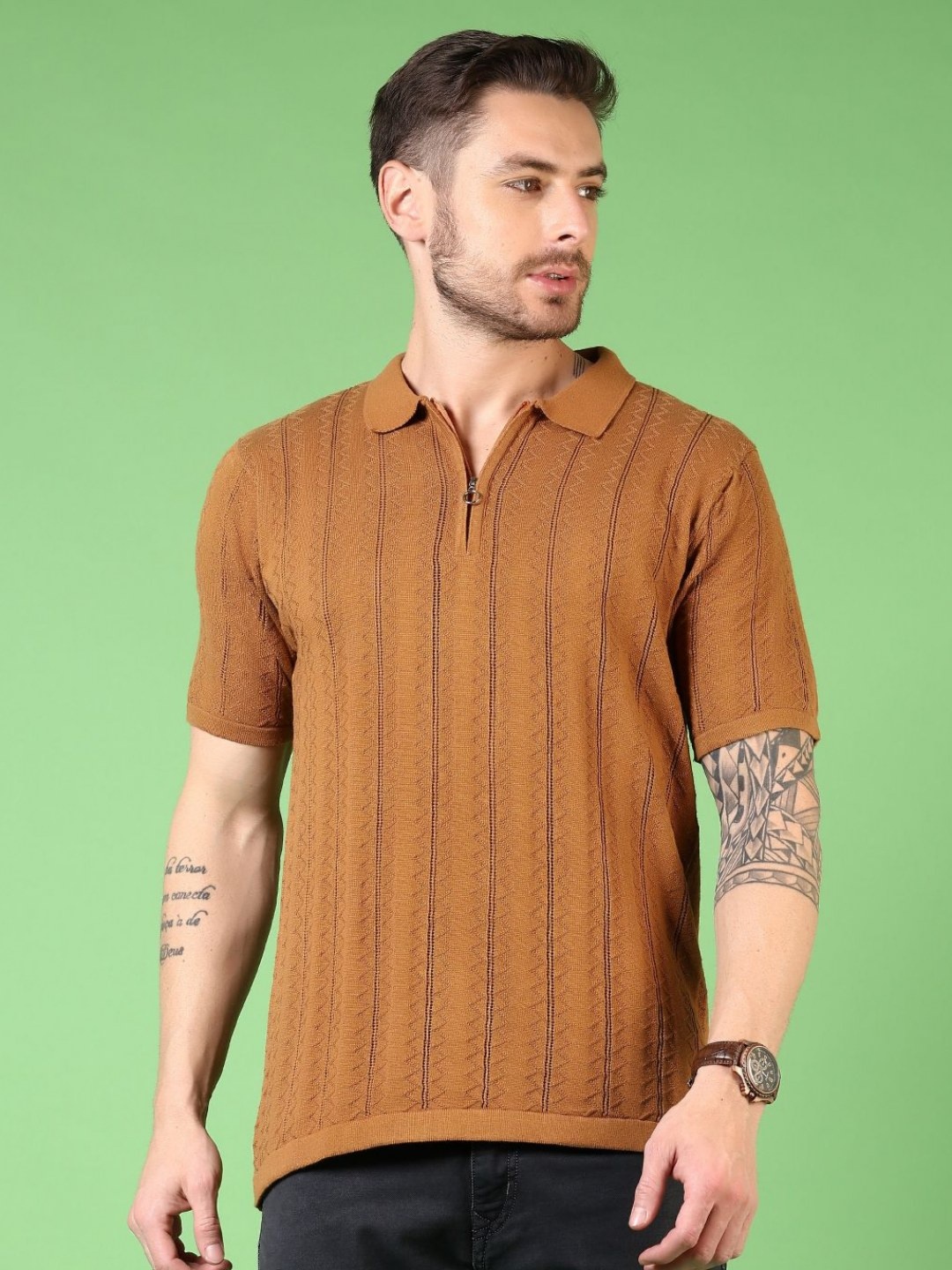 

V-Mart Men Self Design Polo Collar Cotton T-shirt, Brown