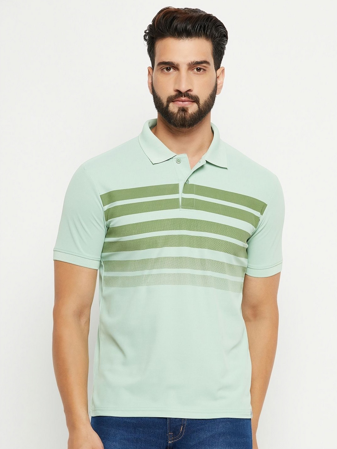 

RENUOVO Men Striped Polo Collar Cotton T-shirt, Green