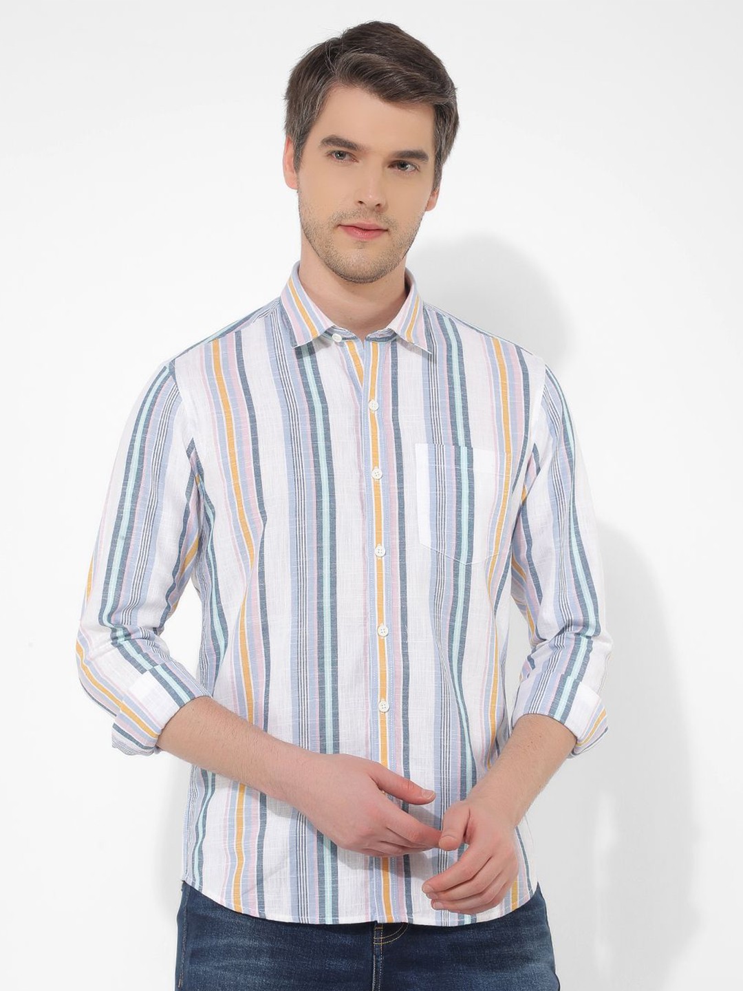 

Numero Uno Men Slim Fit Spread Collar Vertical Striped Cotton Casual Shirt, White