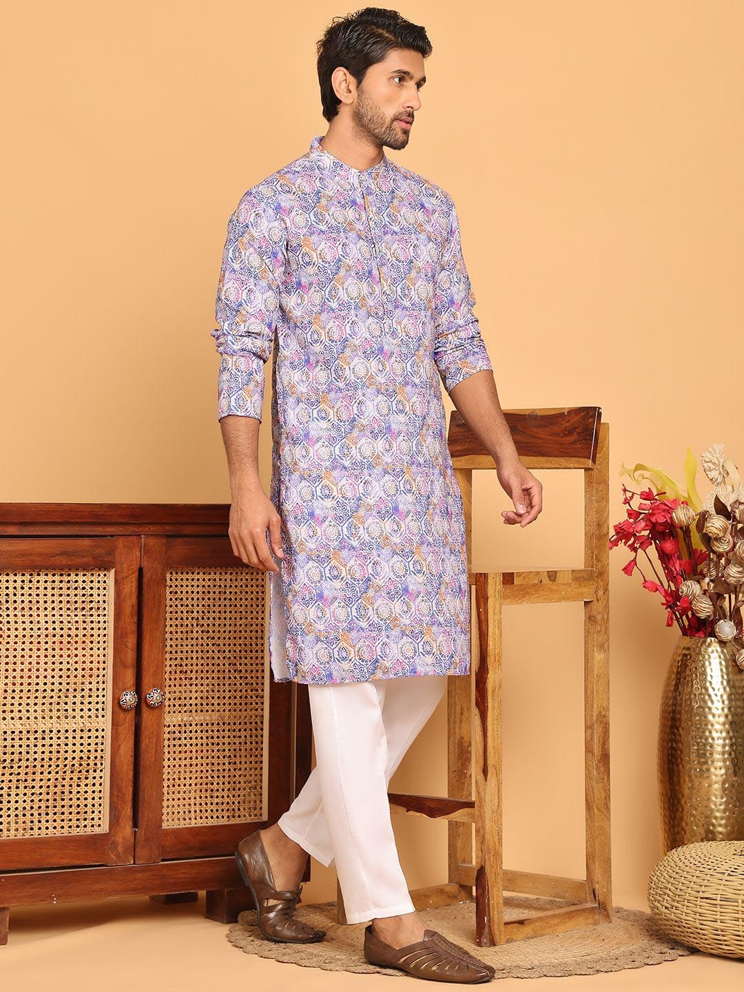 

Anouk Blue Floral Printed Mandarin Collar Sequinned Kurta With Pyjamas