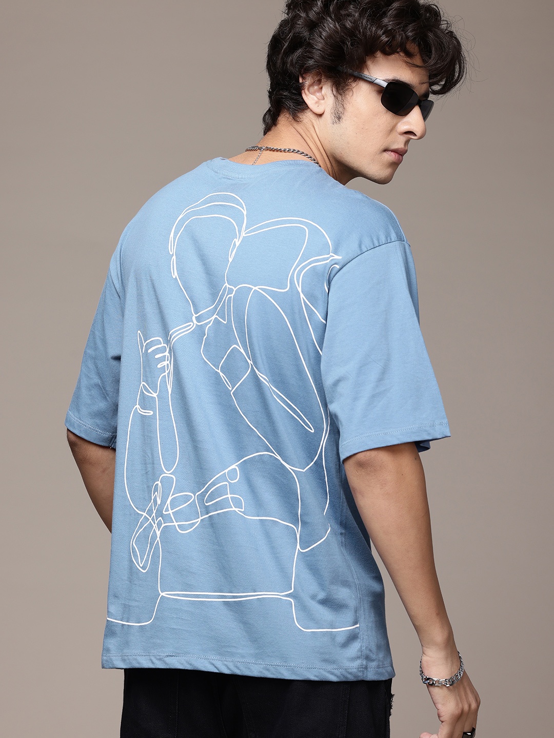 

The Roadster Lifestyle Co. Printed Drop-Shoulder Sleeves Pure Cotton Relaxed T-shirt, Blue
