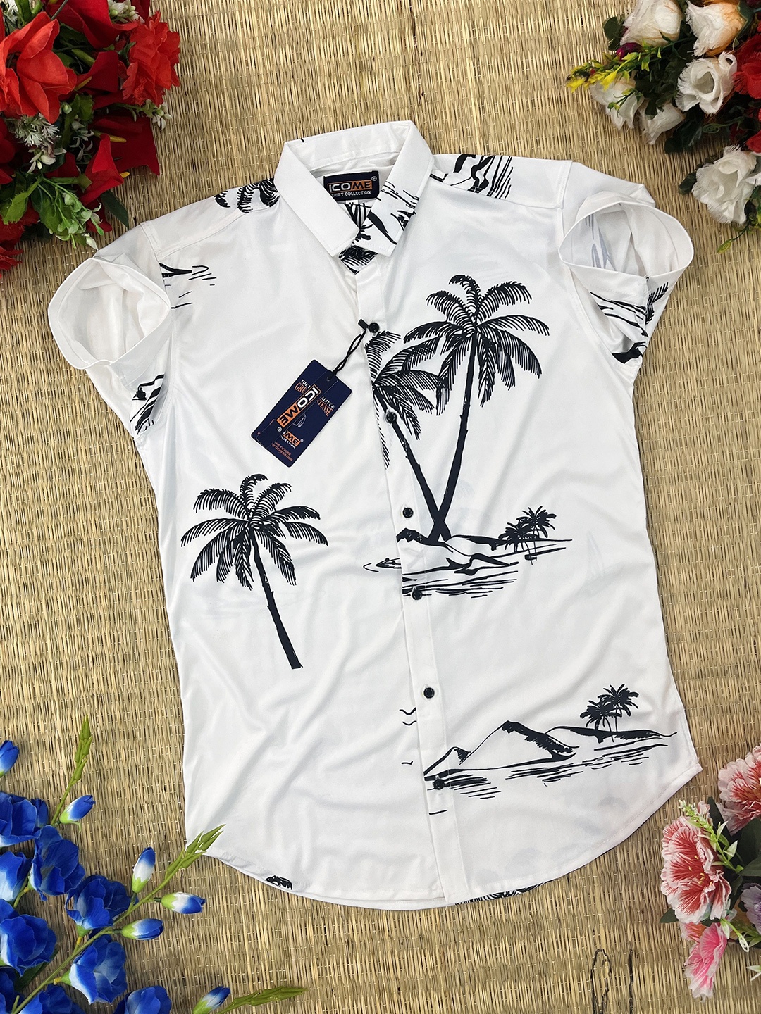 

iCome Men Spread Collar Floral Printed Cotton Linen Casual Shirt, White