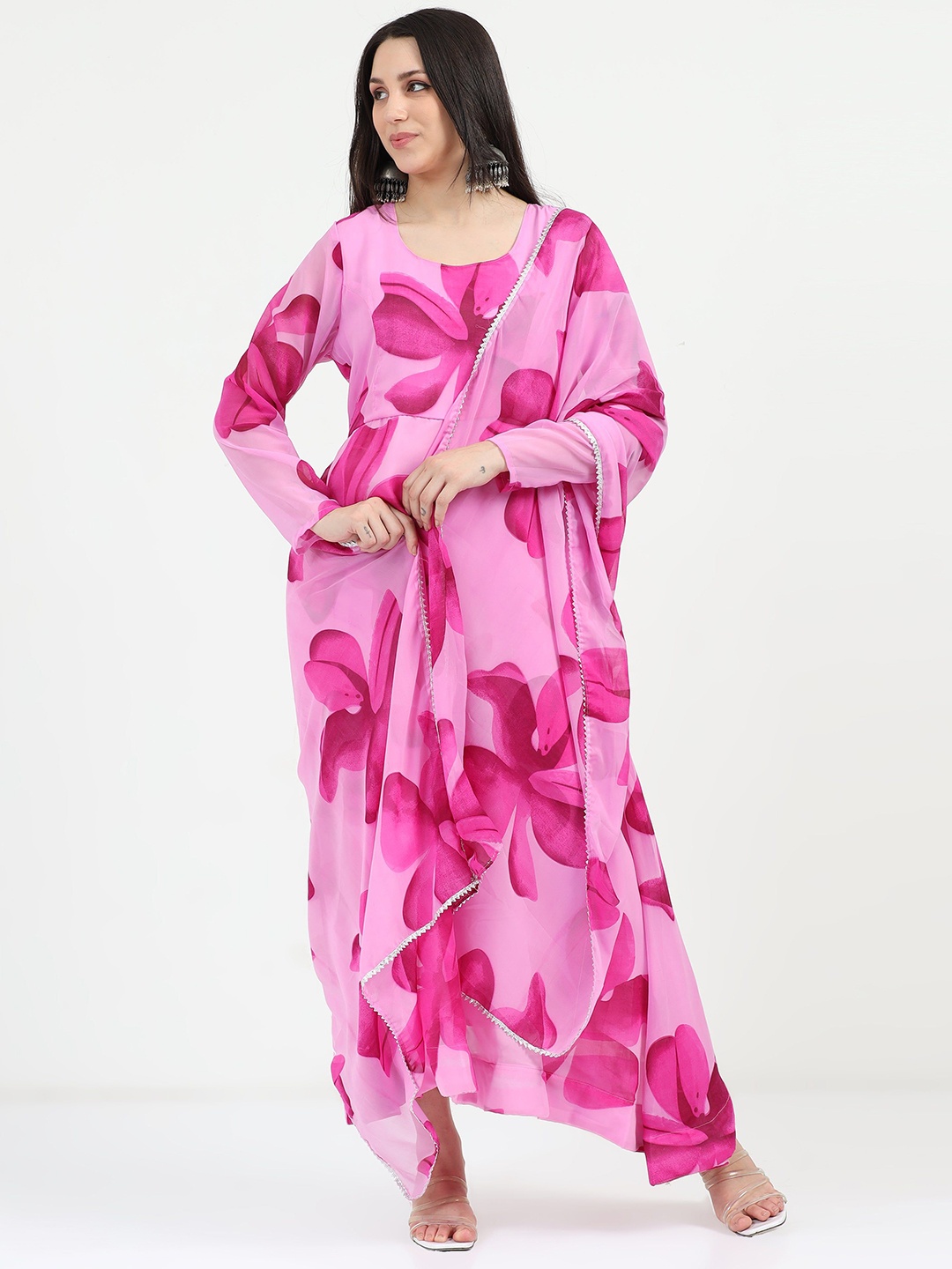 

Jash Creation Floral Printed Fit & Flare Maxi Ethnic Dress with a Dupatta, Pink