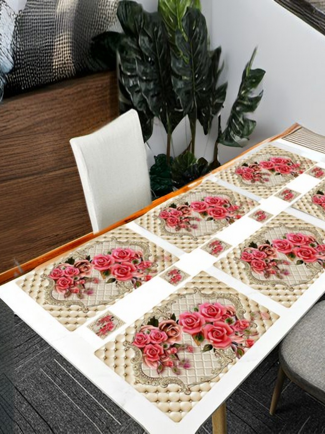 

REVEXO Beige & Pink 12 Pieces Floral Printed Table Placemats & Coasters