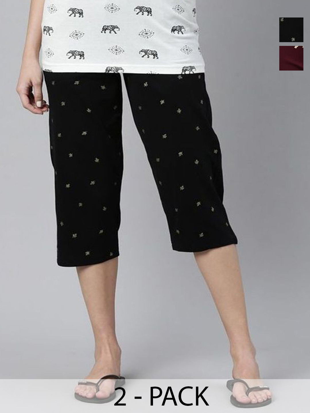 

Kryptic Women Cotton Pack of 2 Printed Regular Fit Mid-Rise Capris, Maroon