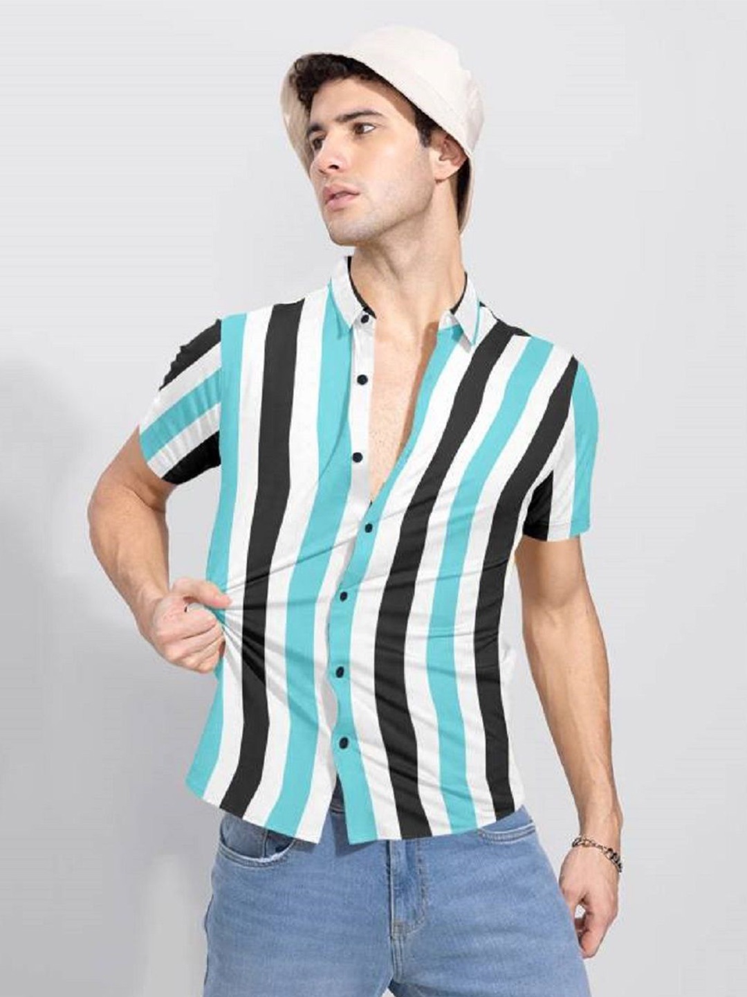 

iCome Men Slim Fit Spread Collar Vertical Striped Casual Shirt, White