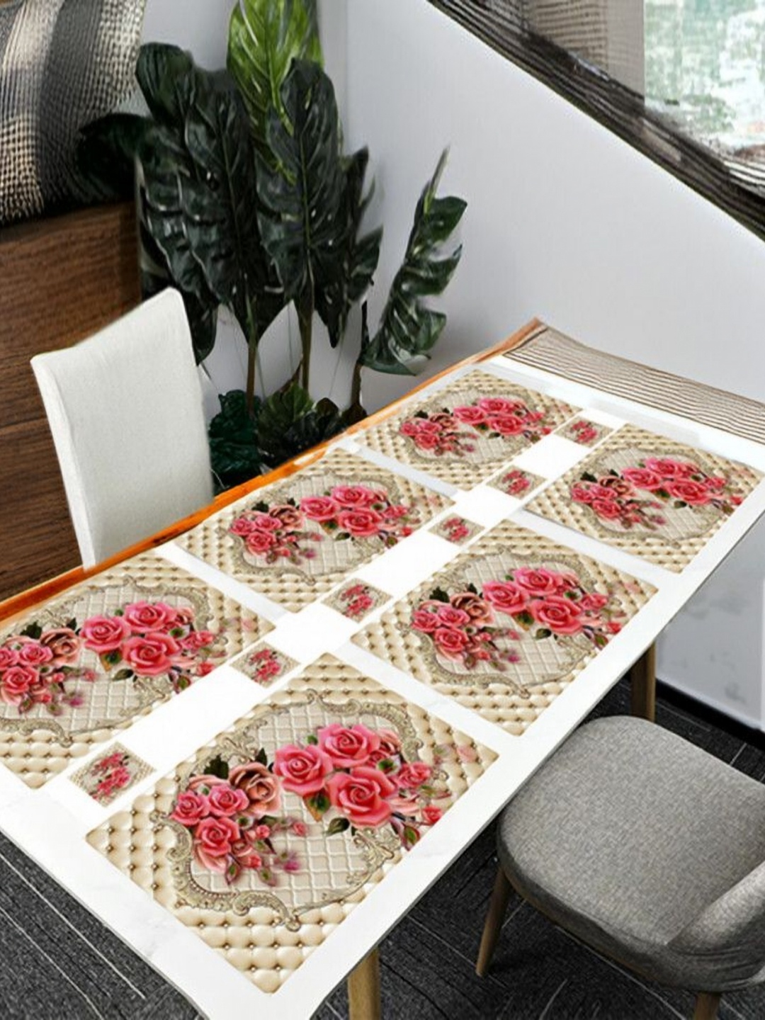 

REVEXO Cream & Pink 12 Pieces Floral Printed Table Placemats & Coasters