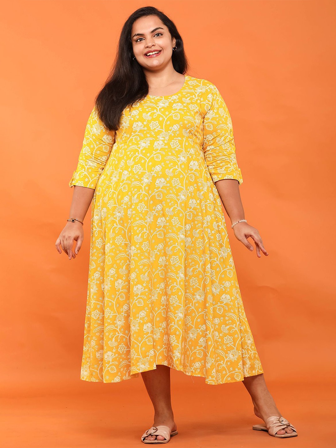 

EASY 2 WEAR Women Floral Print Round Neck Flared A-Line Midi Dress, Yellow