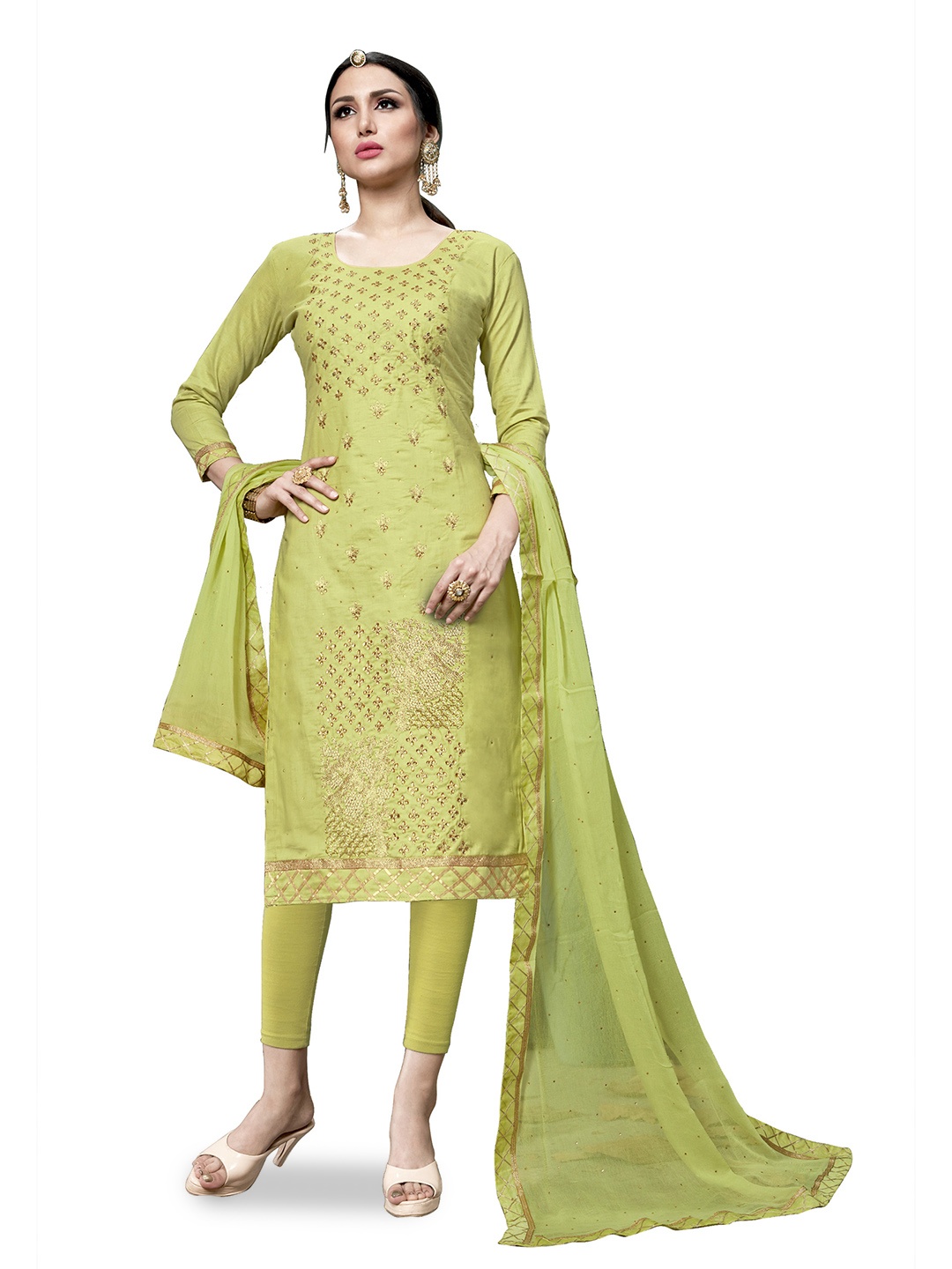 

HERE&NOW Floral Embroidered Sequinned Unstitched Dress Material, Lime green
