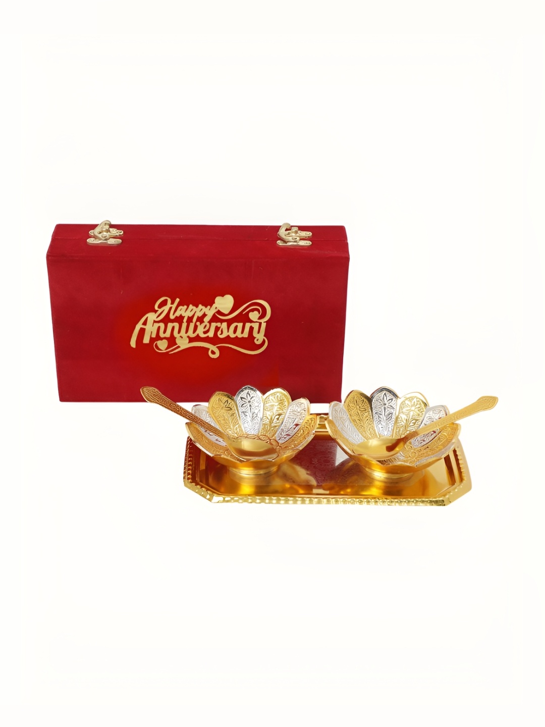 

INTERNATIONAL GIFT Gold-Toned 5 PCS Textured Bowl Set With Tray & Spoons With Velvet Box