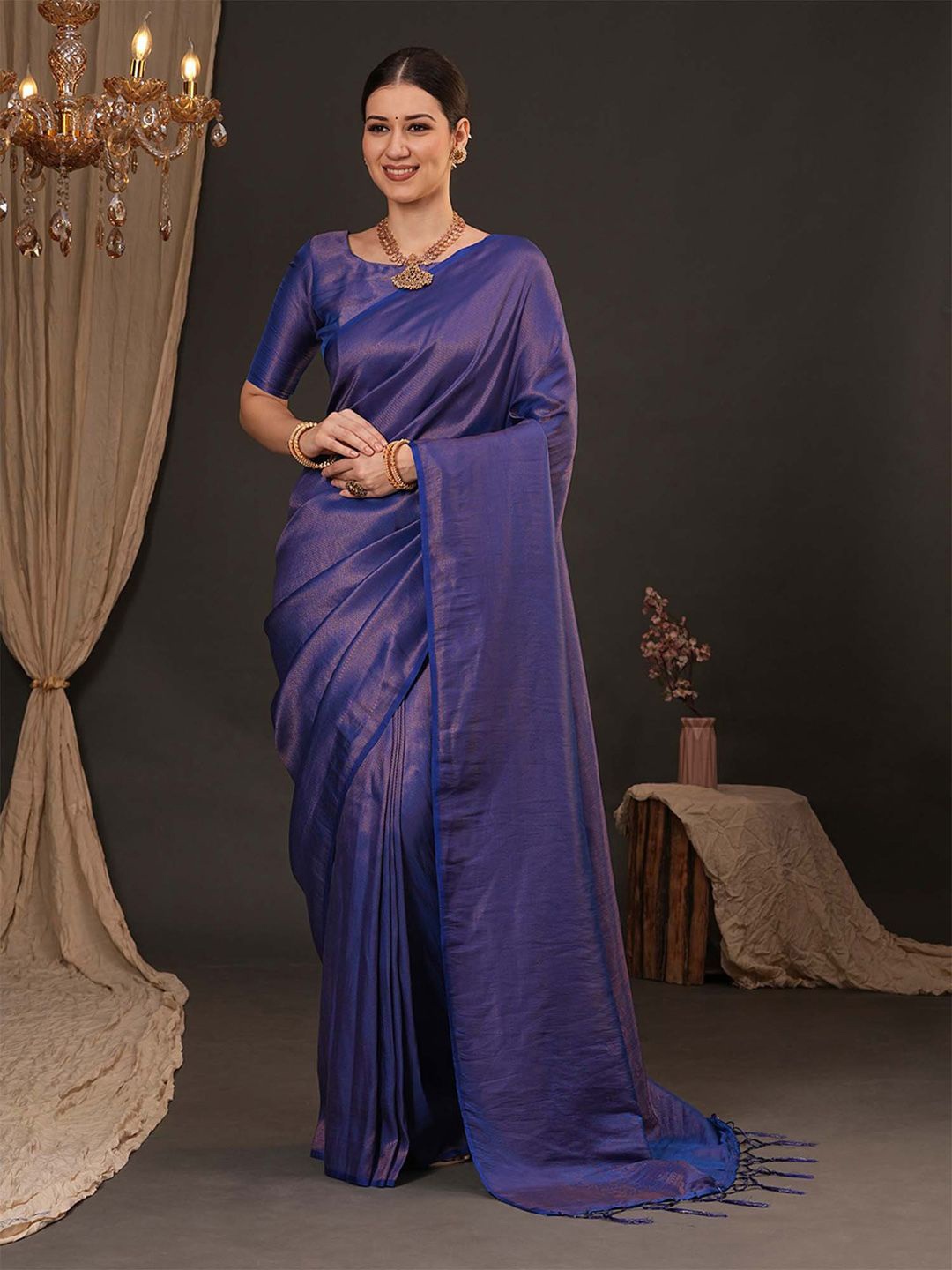 

Anouk Woven Design Zari Silk Blend Kanjeevaram Saree, Navy blue