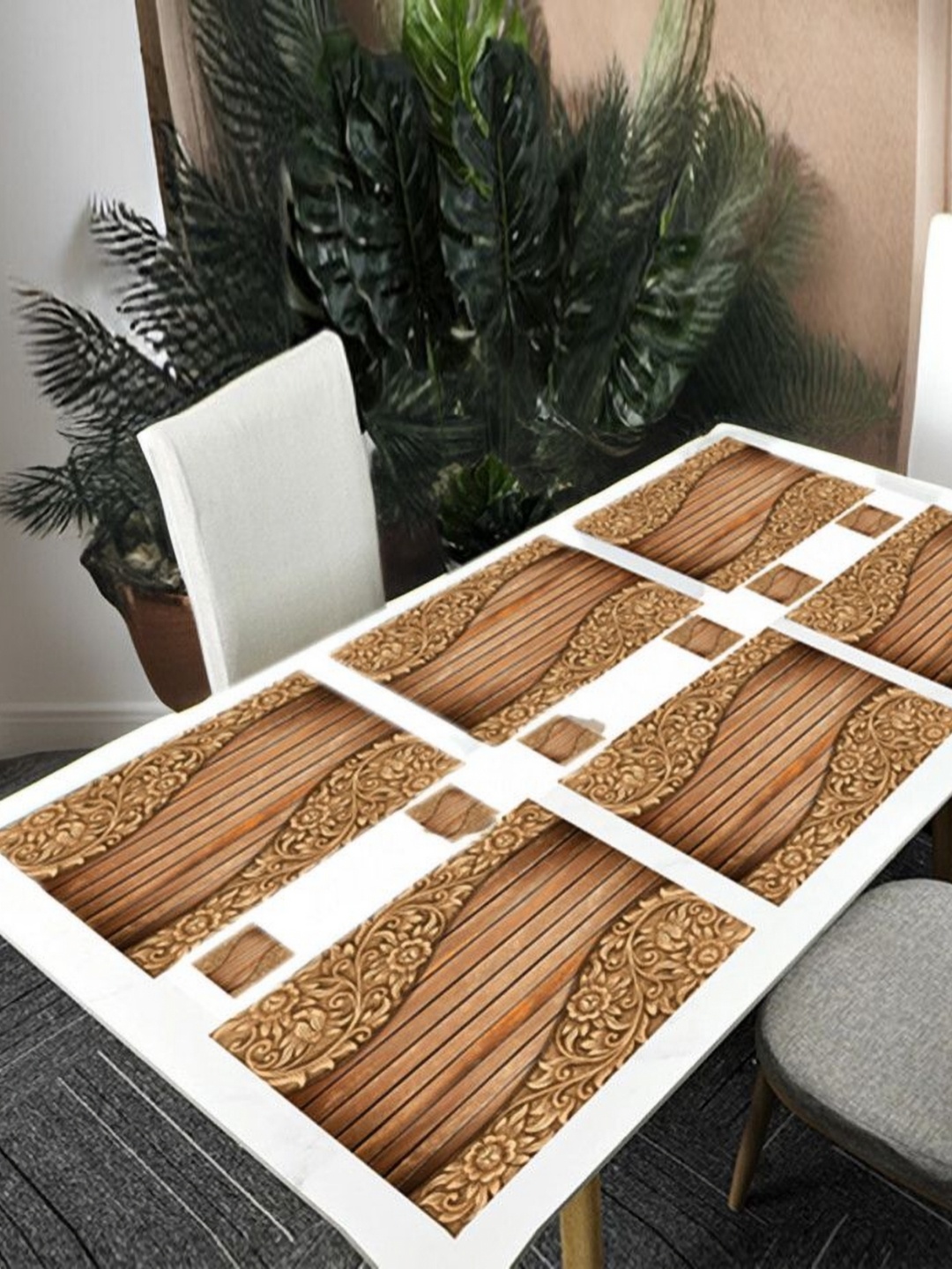 

REVEXO Brown12 Pieces Printed Table Placemats & Coasters, Brown