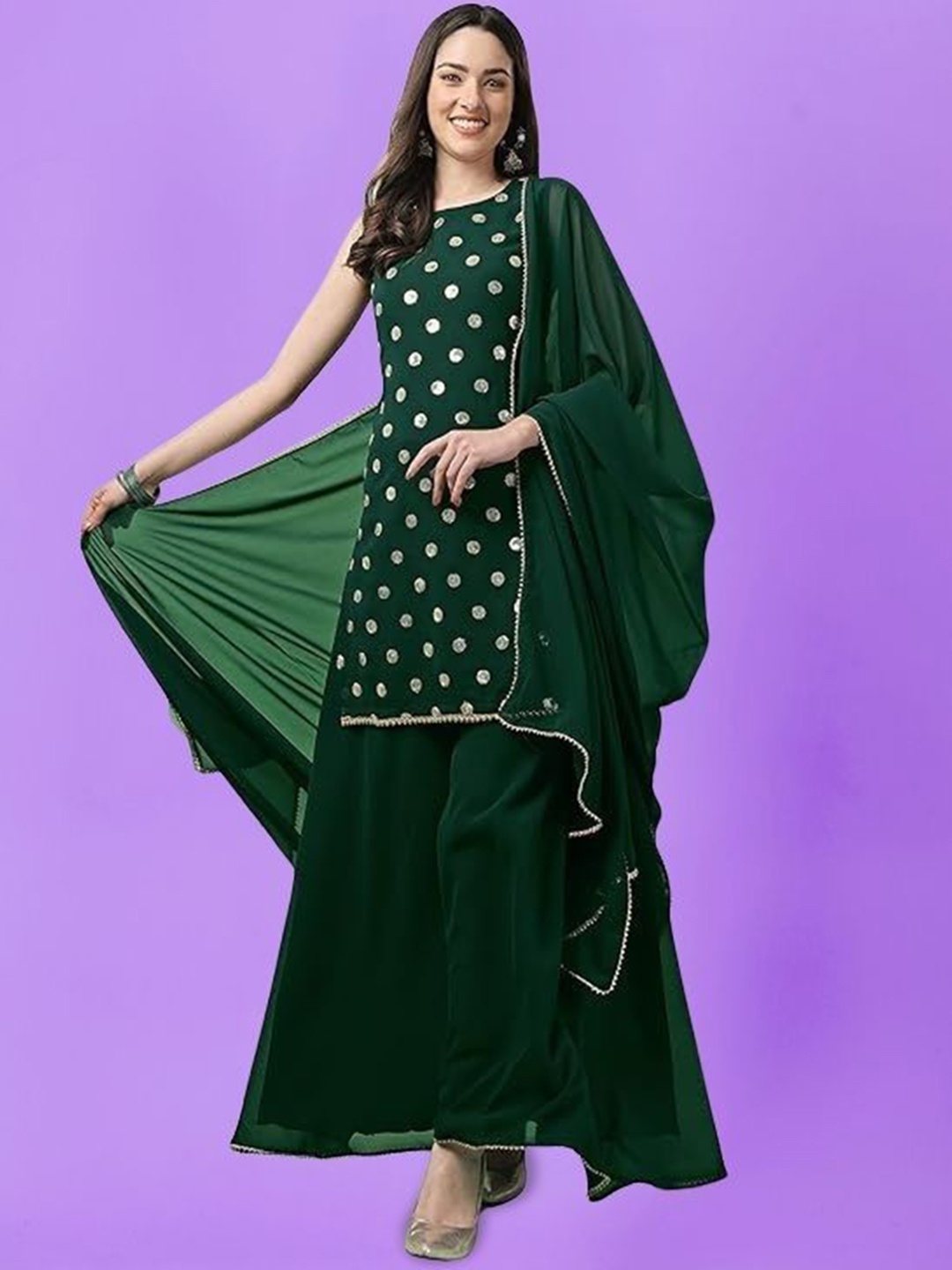 

PARROT CREATION Women Embroidered Regular Sequinned Kurta with Sharara & With Dupatta, Green