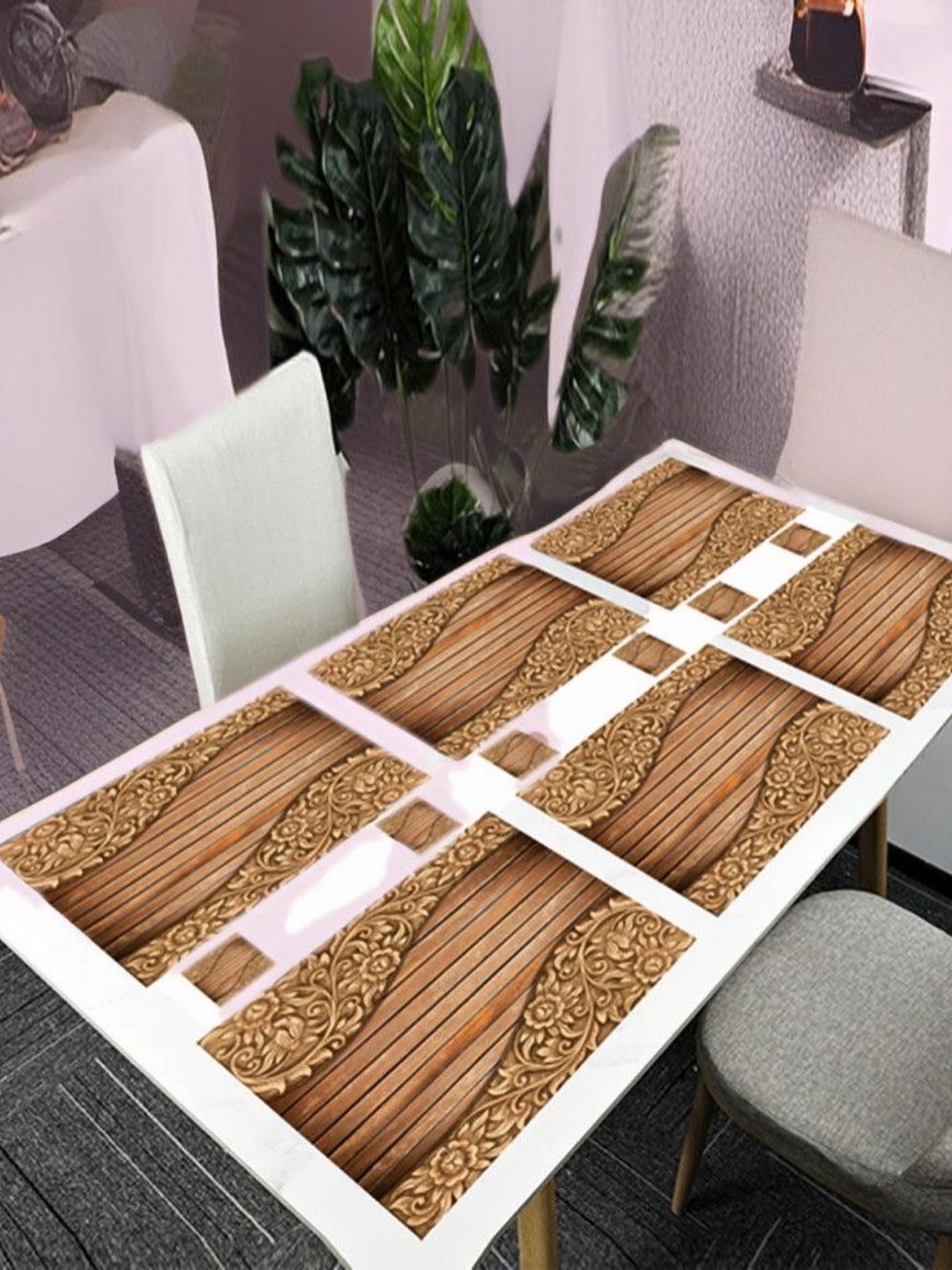 

REVEXO Brown 12 Pieces Floral Printed Rectangular Shaped Coasters & Table Placemats