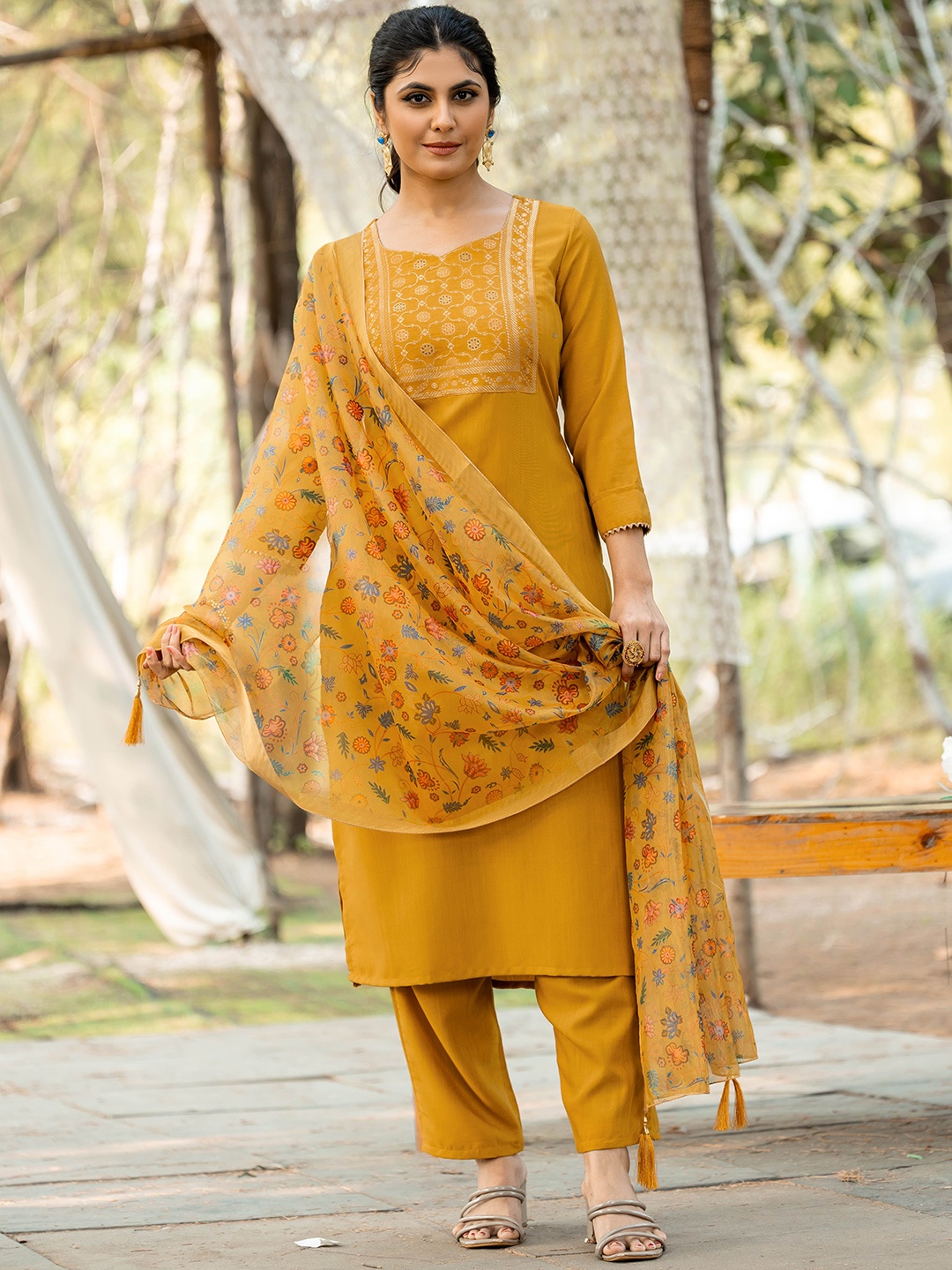 

Siya Fashion Floral Yoke Design Straight Kurta With Trouser & Dupatta, Yellow