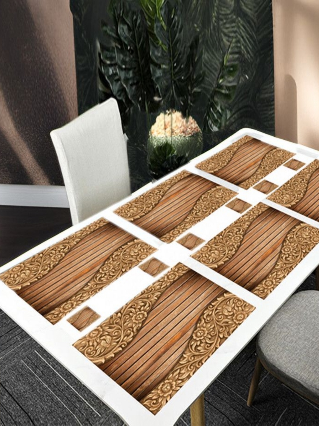 

REVEXO Brown Printed 12 Pieces Printed Table Placemats & Coasters