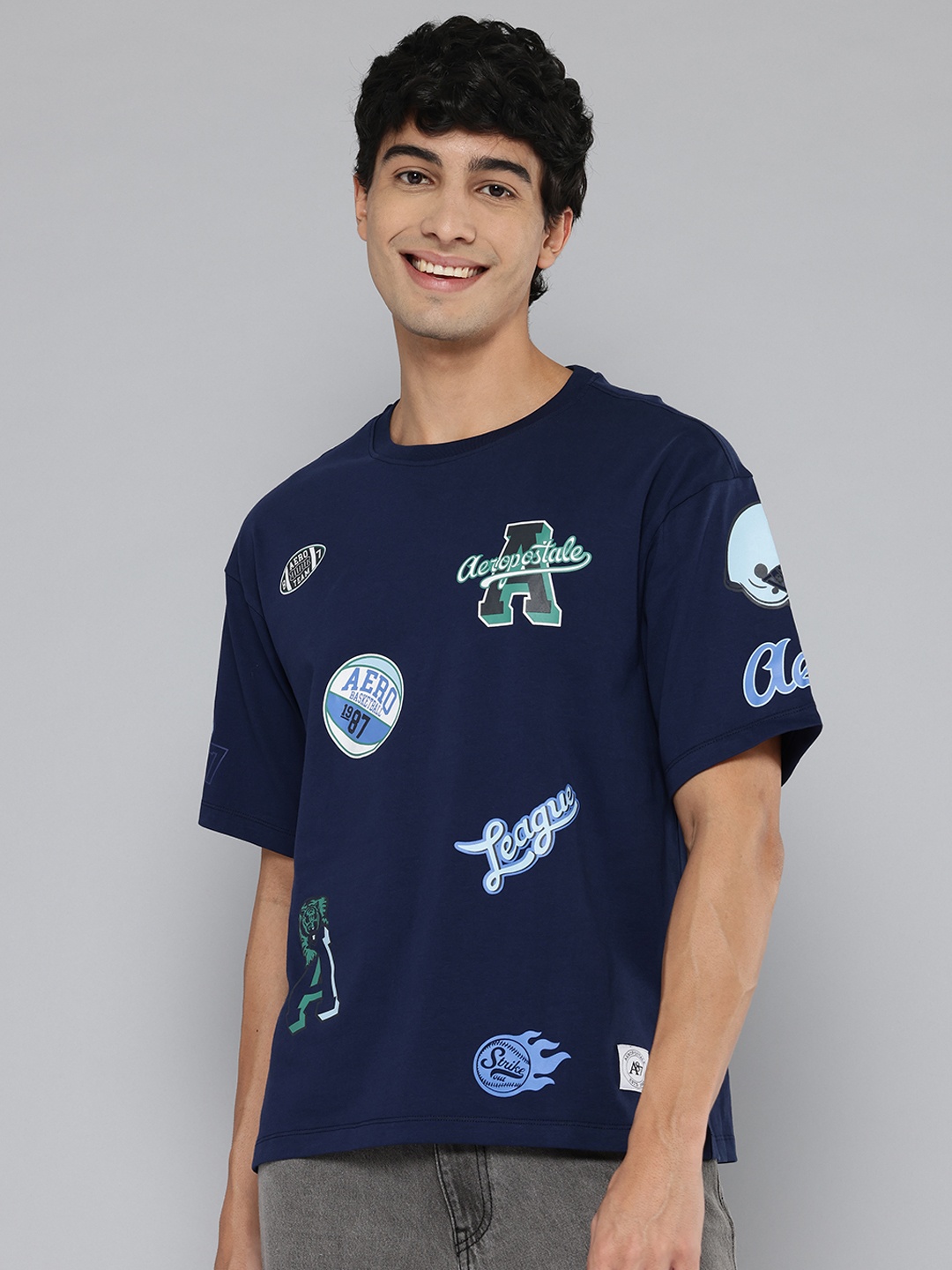 

Aeropostale Men Printed Drop-Shoulder Sleeves Pure Cotton T-shirt, Navy blue