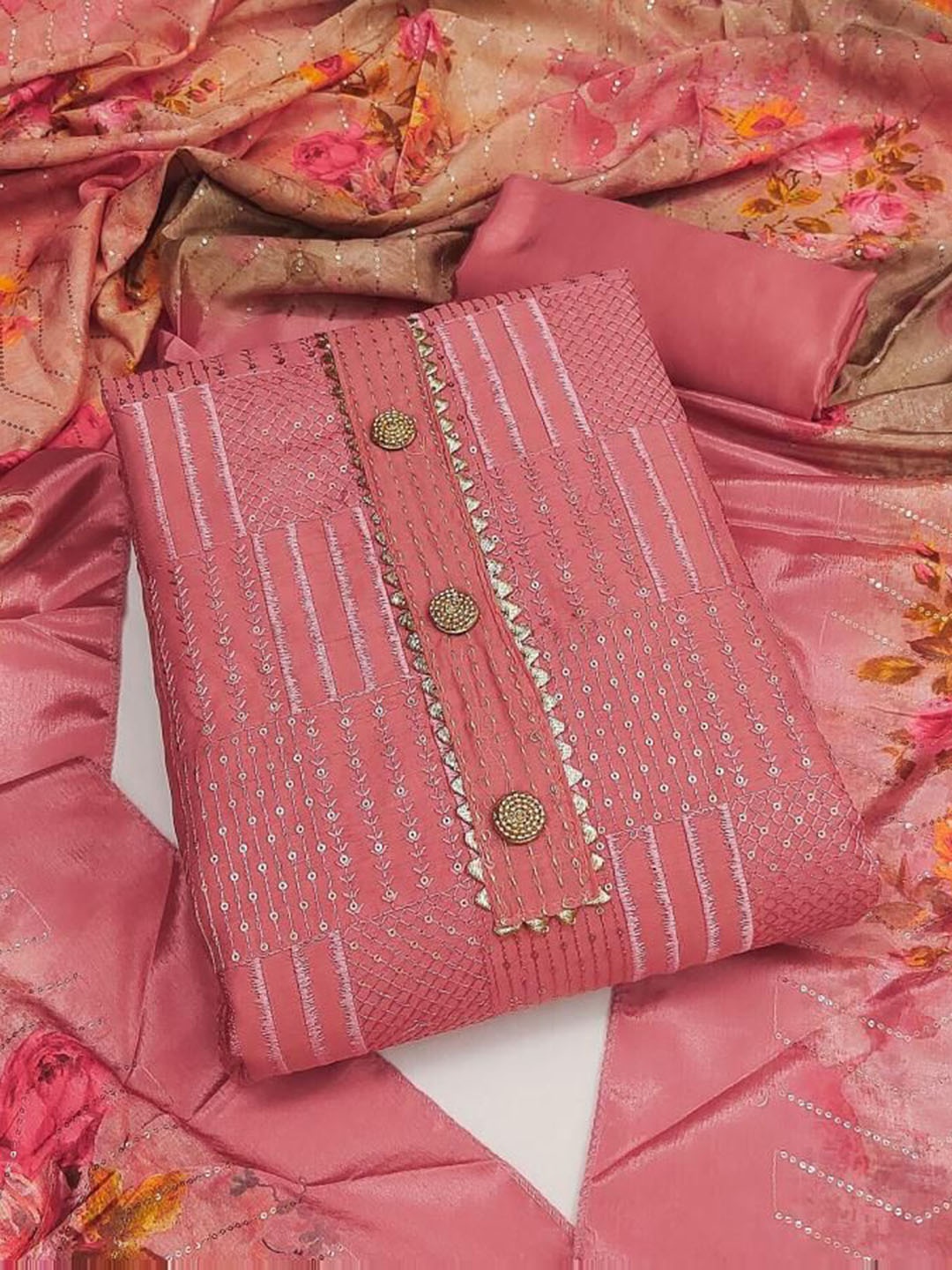 

KALINI Geometric Embroidered Chanderi Sequinned Unstitched Dress Material, Pink