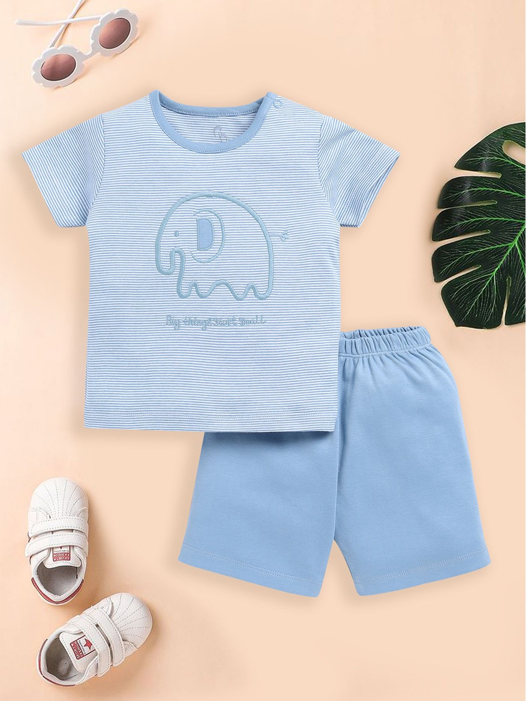 

BABY GO Boys Striped Round Neck T-Shirt With Shorts, Blue