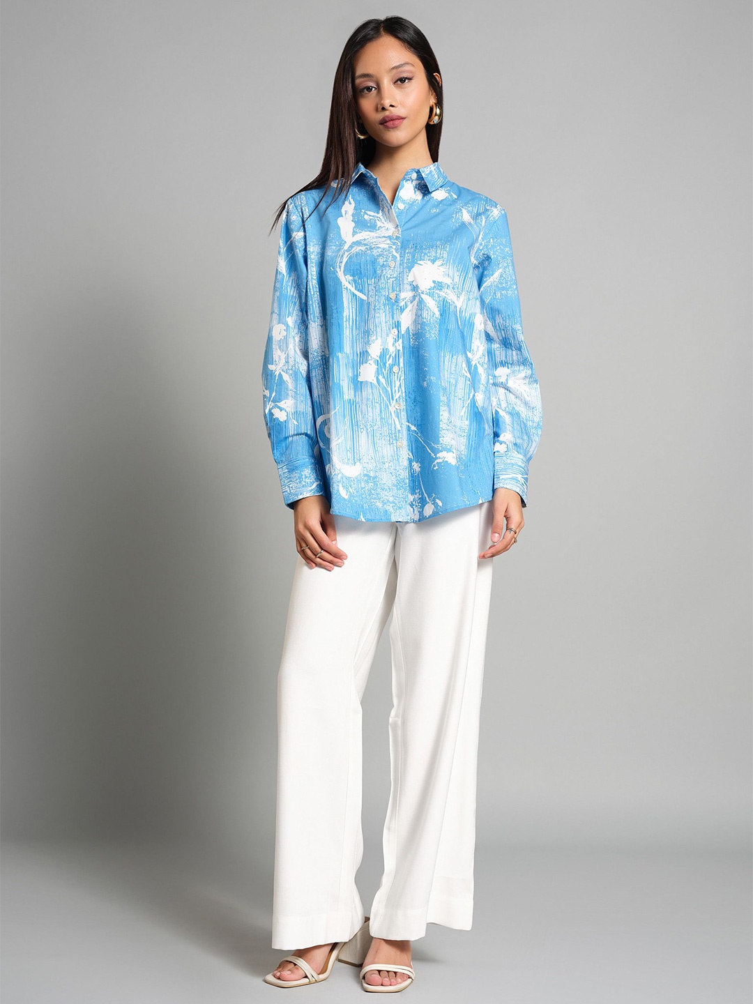

AND Women Cotton Spread Collar Printed Casual Shirt, Blue