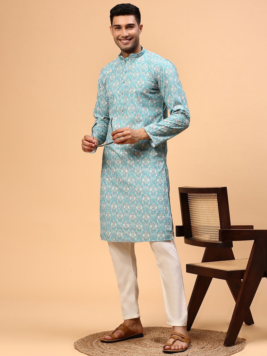 

CS EL Woven Design Mandarin Collar Cotton Jacquard Straight Kurta, Sea green