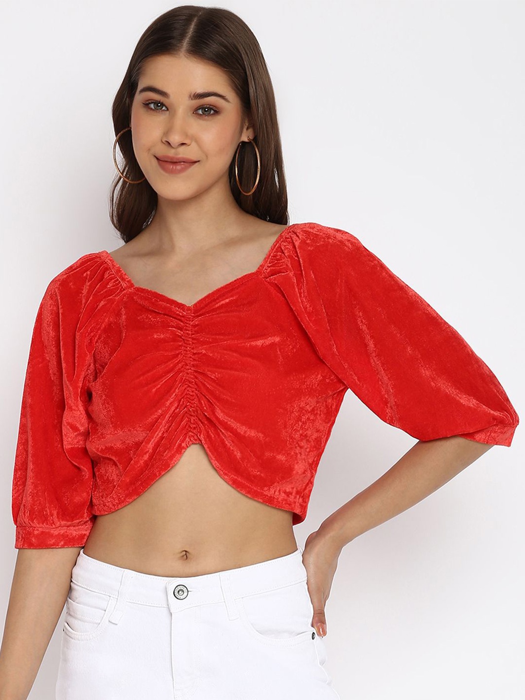 

DressBerry Sweetheart Neck Puff Sleeve Velvet Top, Red