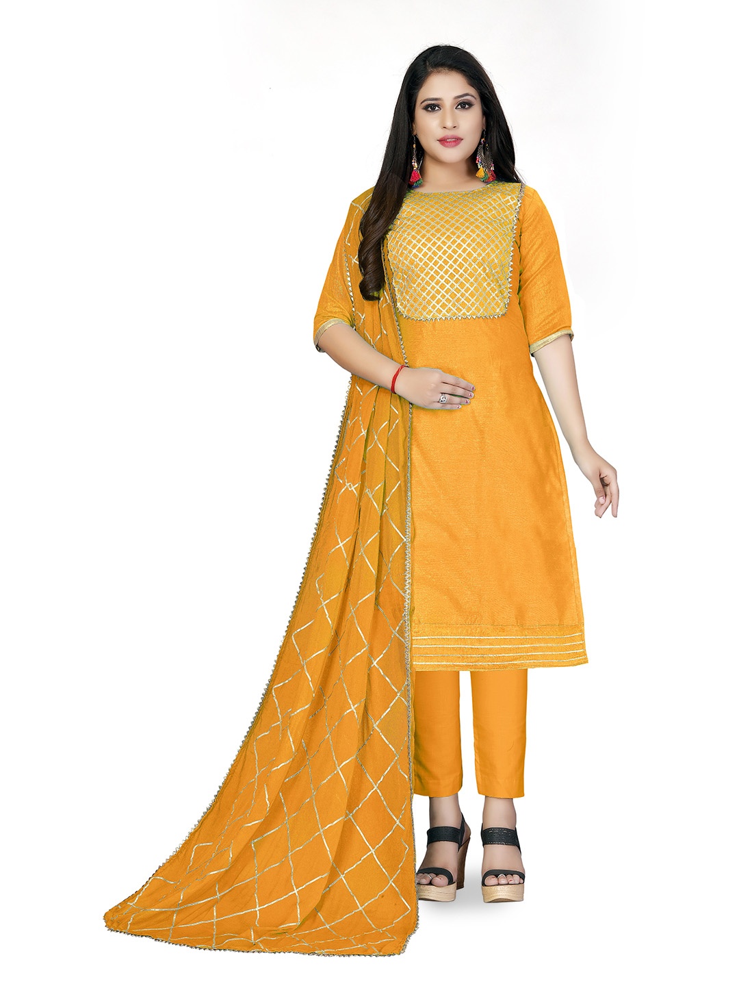 

HERE&NOW Geometric Embellished Gotta Patti Unstitched Dress Material, Orange