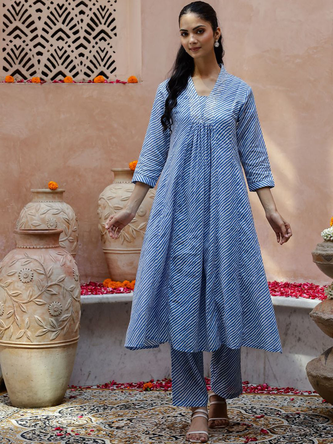 

Sangria Blue Striped Pleated V-Neck Sequinned Pure Cotton A-Line Kurta With Trousers