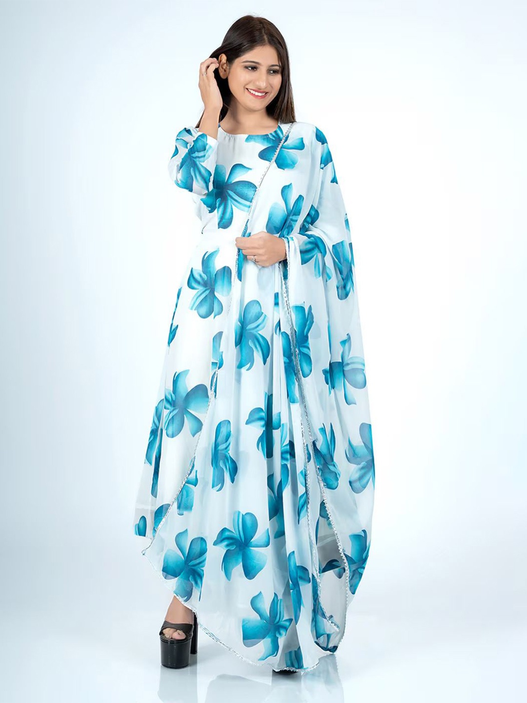 

Krunal Raiyani Floral Print Fit & Flare Maxi Dress With Dupatta, White