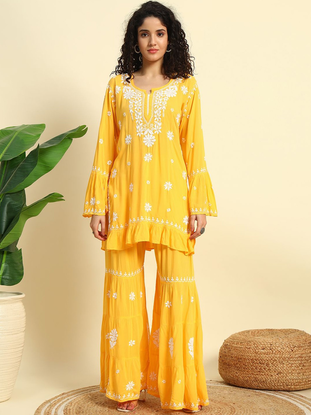 

Fashionable Floral Embroidered Chikankari Notch Neck Straight Kurti With Sharara, Yellow