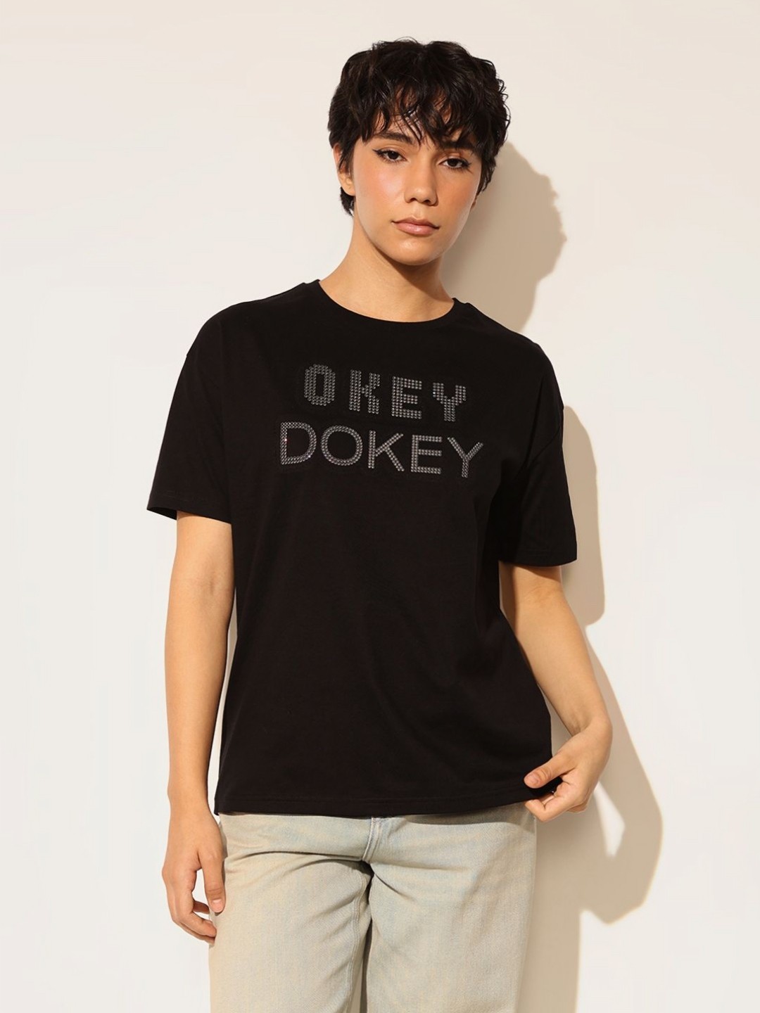 

ONLY Women Typography Printed Round Neck Cotton T-shirt, Black