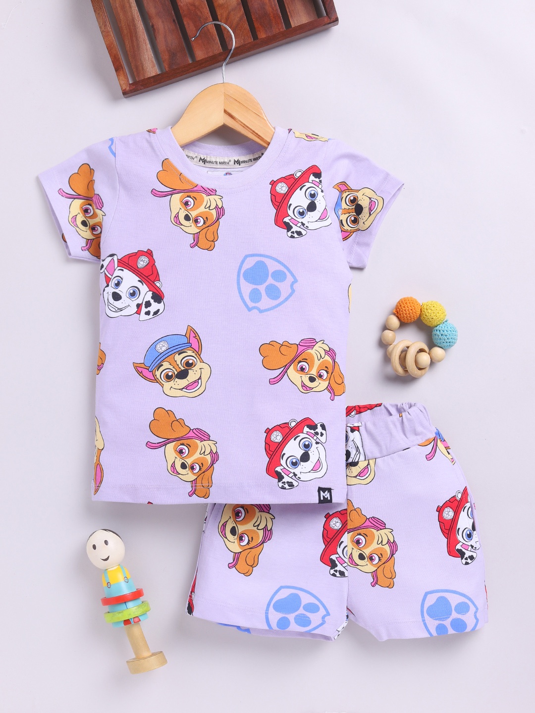 

YK X Minute Mirth Girls Paw Patrol Printed Pure Cotton T-shirt with Shorts, Lavender