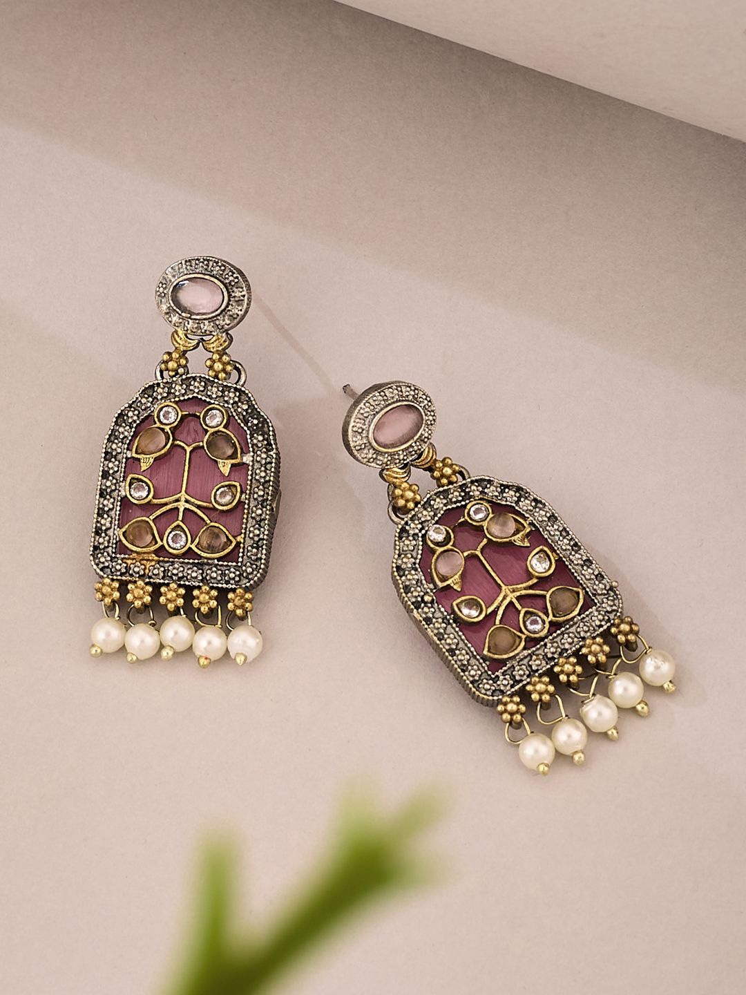 

ATIBELLE German Silver Plated Artificial Stones Studded & Beaded Drop Earrings, Pink