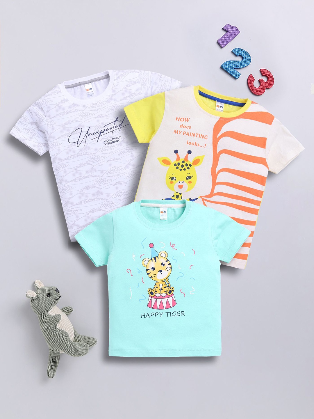 

LITTLE NINJA Boys Pack Of 3 Graphic Printed Round Neck Cotton T-shirts, Green