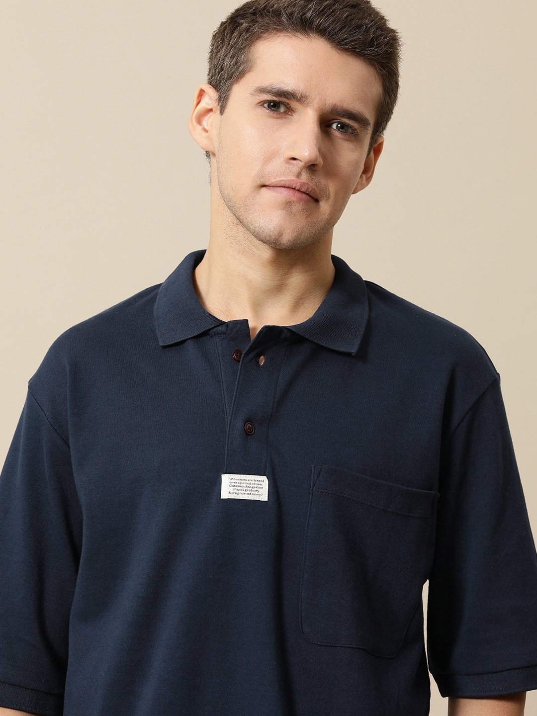 

Mr Bowerbird Men Pure Cotton Oversized Polo Collar T-shirt With Chest Pocket, Navy blue
