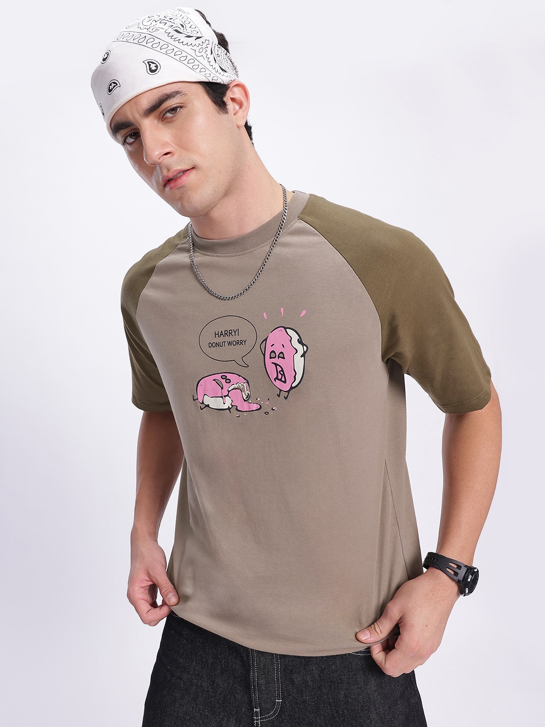 

glitchez Donut Worry Printed Raglan Sleeve Tee, Khaki