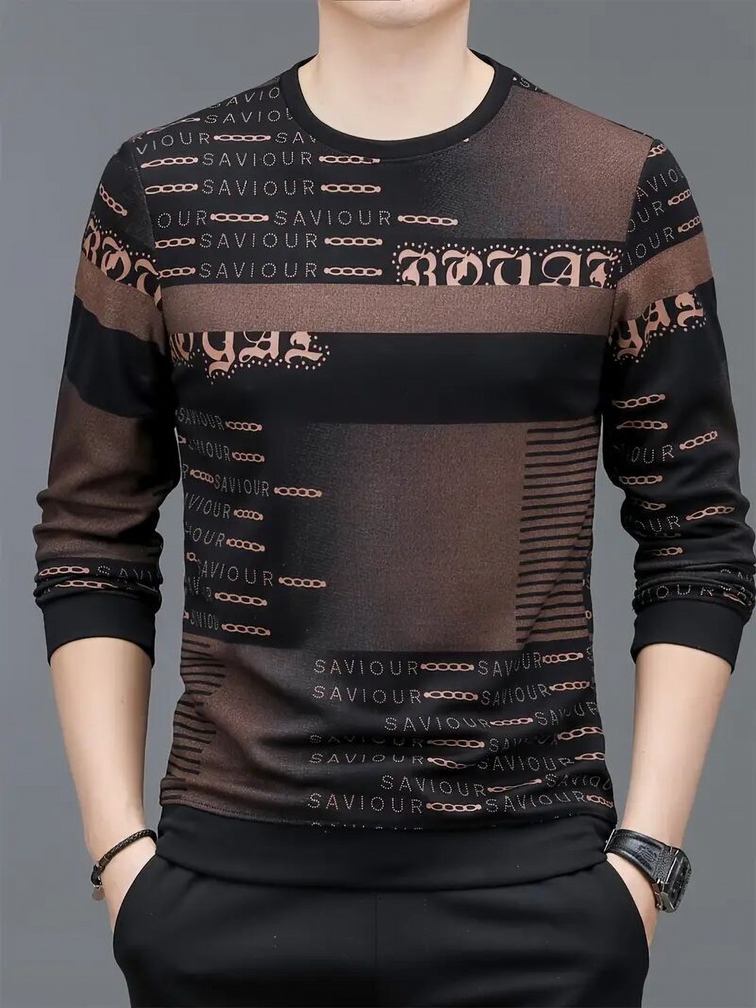 

FABRIPPLE Men Typography Printed round Neck Sweatshirt, Brown