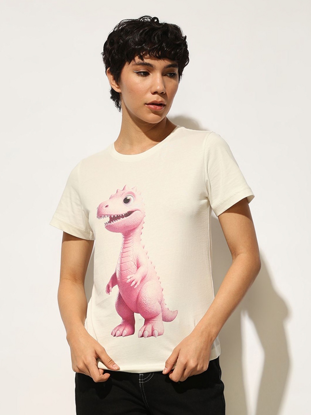 

ONLY Women Graphic Printed Round Neck Cotton T-shirt, Cream