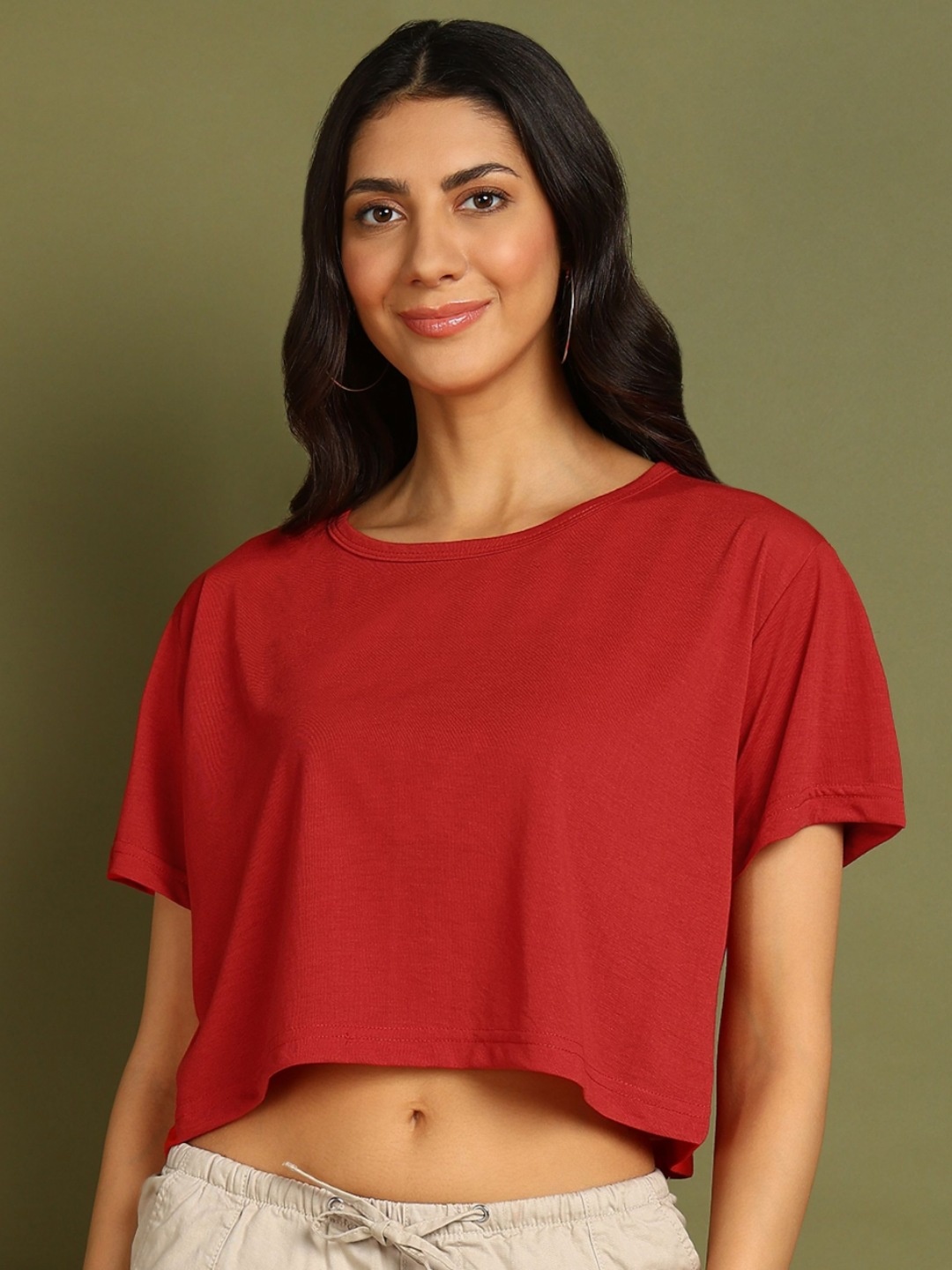 

CHOZI Women Bio Finish Solid Round Neck Cotton Boxy T-shirt, Red